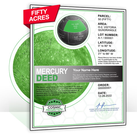 mercury fifty 50 acre planet mercury land deed