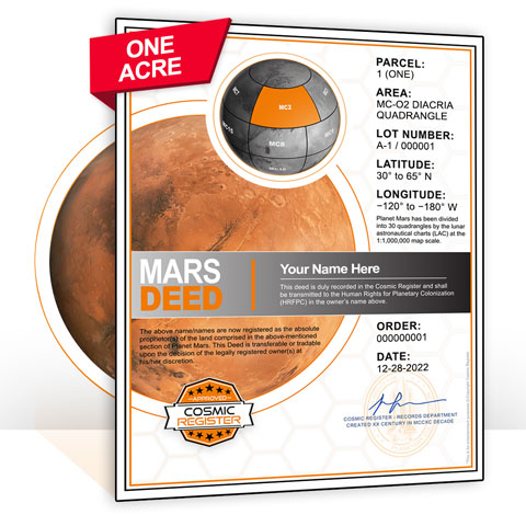 planet mars one acre for sale of cosmic register